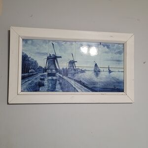 DELFT‎ BLAUW Blue Wood Framed 6 Tile Tableau Dutch Landscape w Windmill